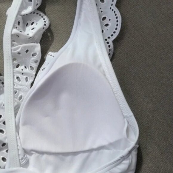 White Swimsuit Size L Eyelet Ruffle Plunge Cheeky Monokini Bachelorette - Picture 5 of 7